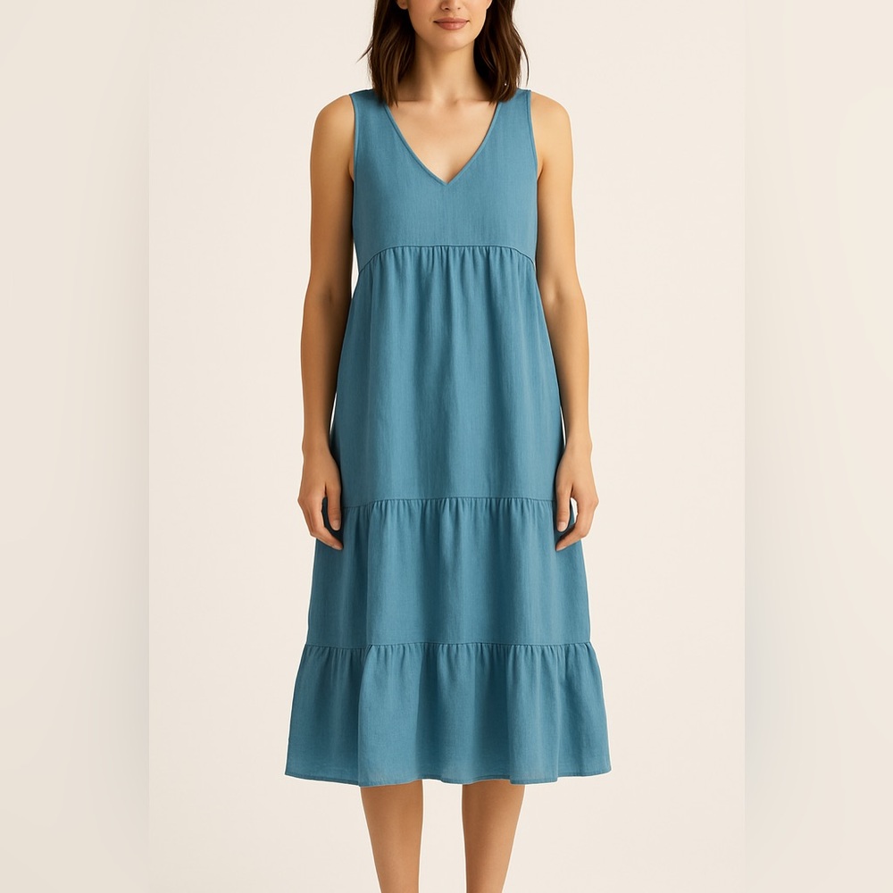 Cynthia Rowley 100% Linen Teal Sleeveless Tiered Midi Dress NWT – Size M